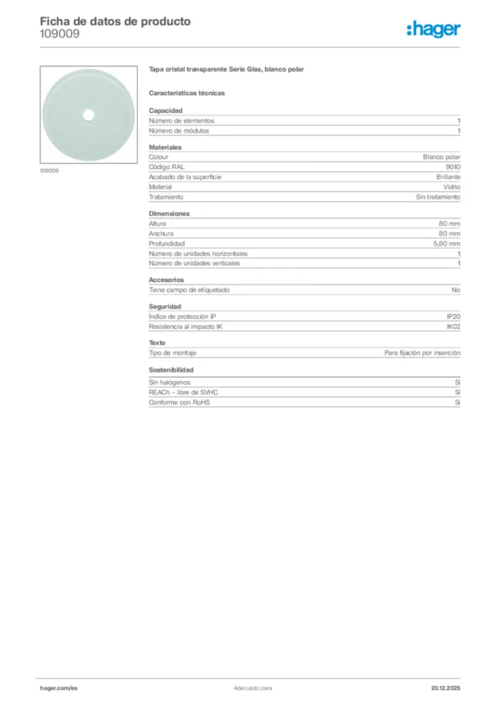 Imagen Hager Ficha de datos de producto 109009 | Hager España