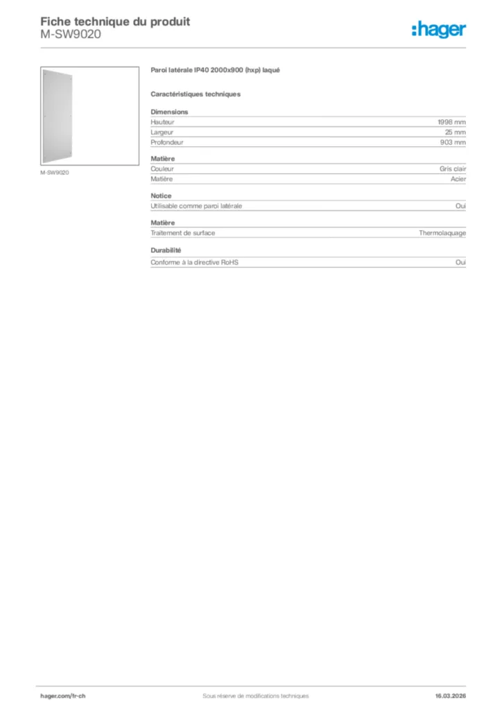 Image Hager Fiche technique du produit M-SW9020 | Hager Suisse