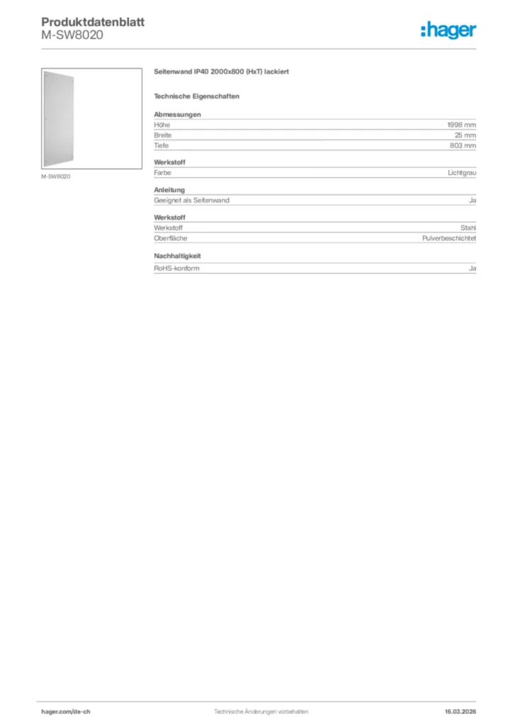 Bild Hager Produktdatenblatt M-SW8020 | Hager Schweiz