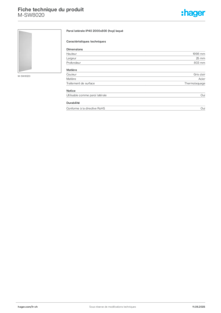 Image Hager Fiche technique du produit M-SW8020 | Hager Suisse