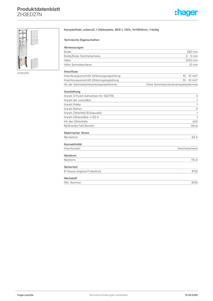 Bild Hager Produktdatenblatt ZH3ED27N | Hager Deutschland