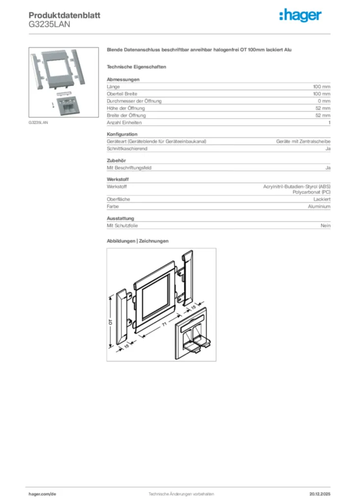 Bild Hager Produktdatenblatt G3235LAN | Hager Deutschland