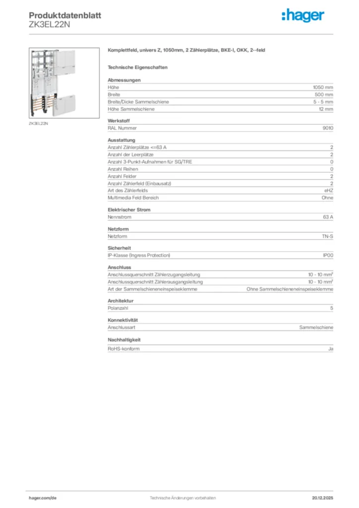 Bild Hager Produktdatenblatt ZK3EL22N | Hager Deutschland