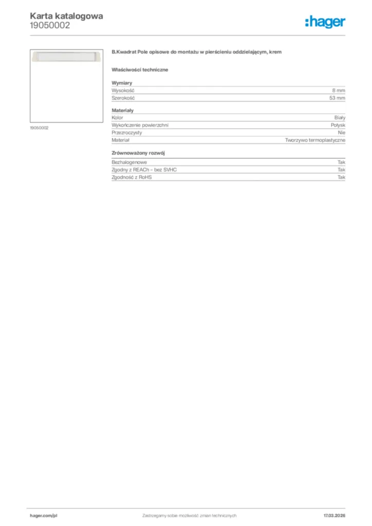 Zdjęcie Hager Karta katalogowa 19050002 | Hager Polska