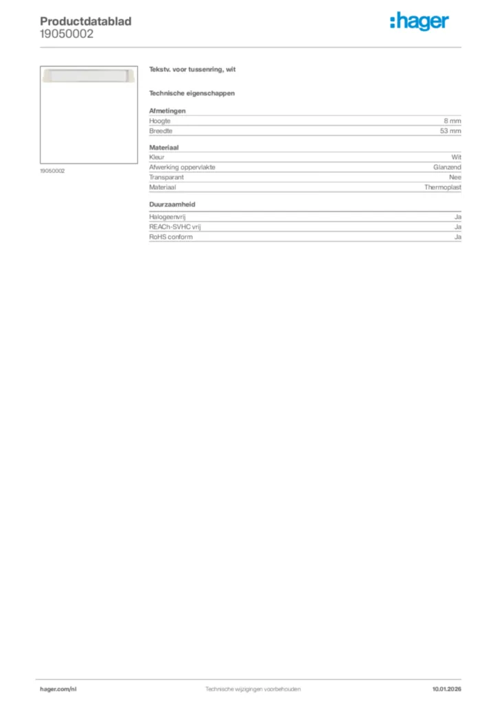 Afbeelding Hager Productdatablad 19050002 | Hager Nederland