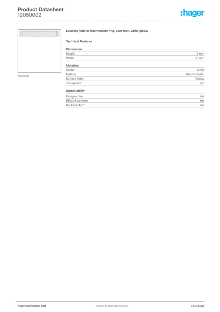 Image Hager Product data sheet 19050002  | Hager