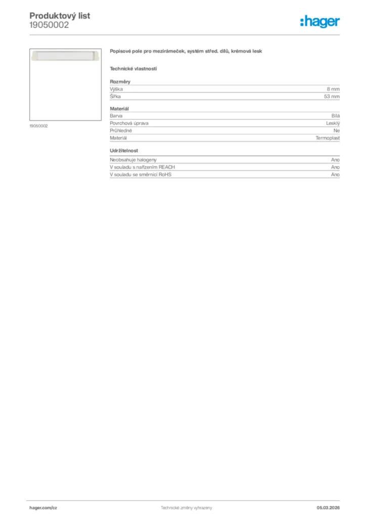 Obrázek Hager Product data sheet 19050002 | Hager