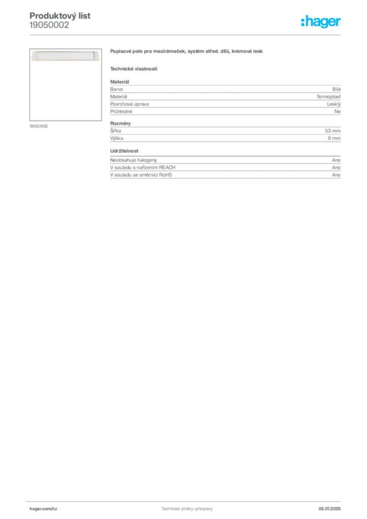 Obrázek Hager Produktový list 19050002 | Hager