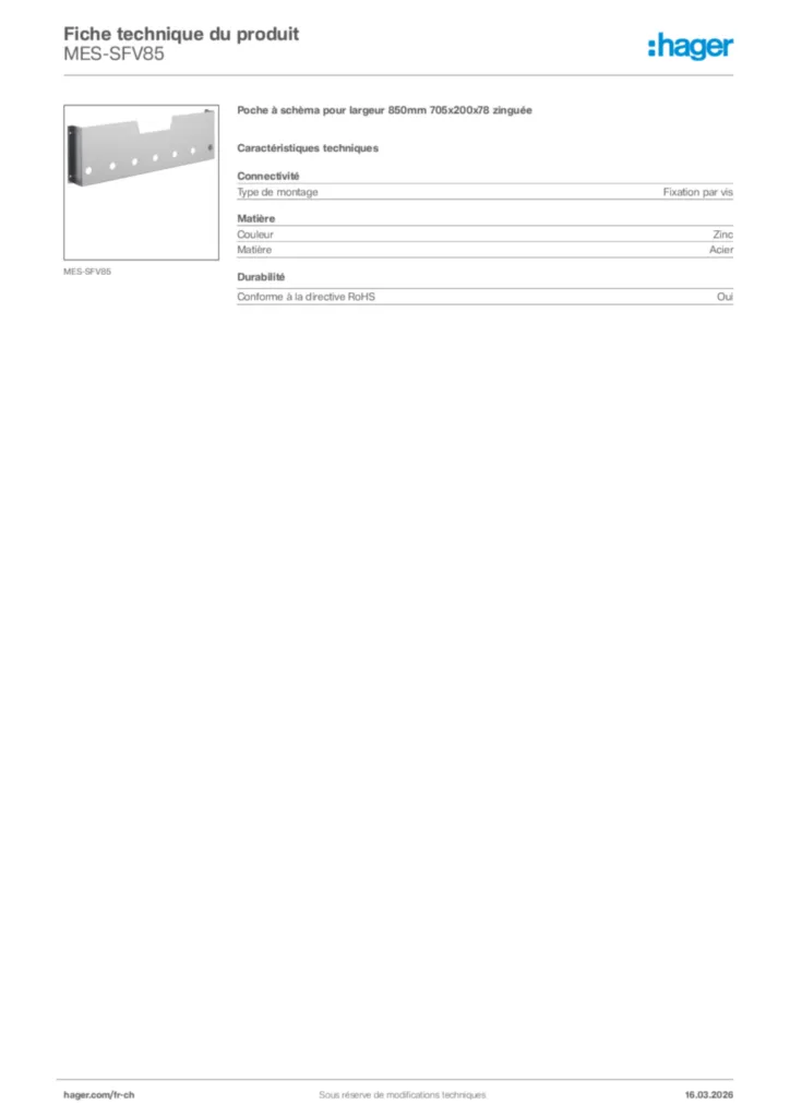 Image Hager Fiche technique du produit MES-SFV85 | Hager Suisse