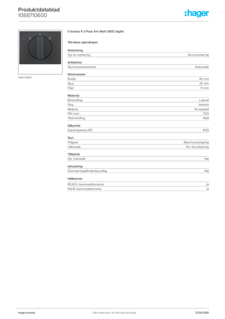 Bild Hager Produktdatablad 1088710600 | Hager Sverige