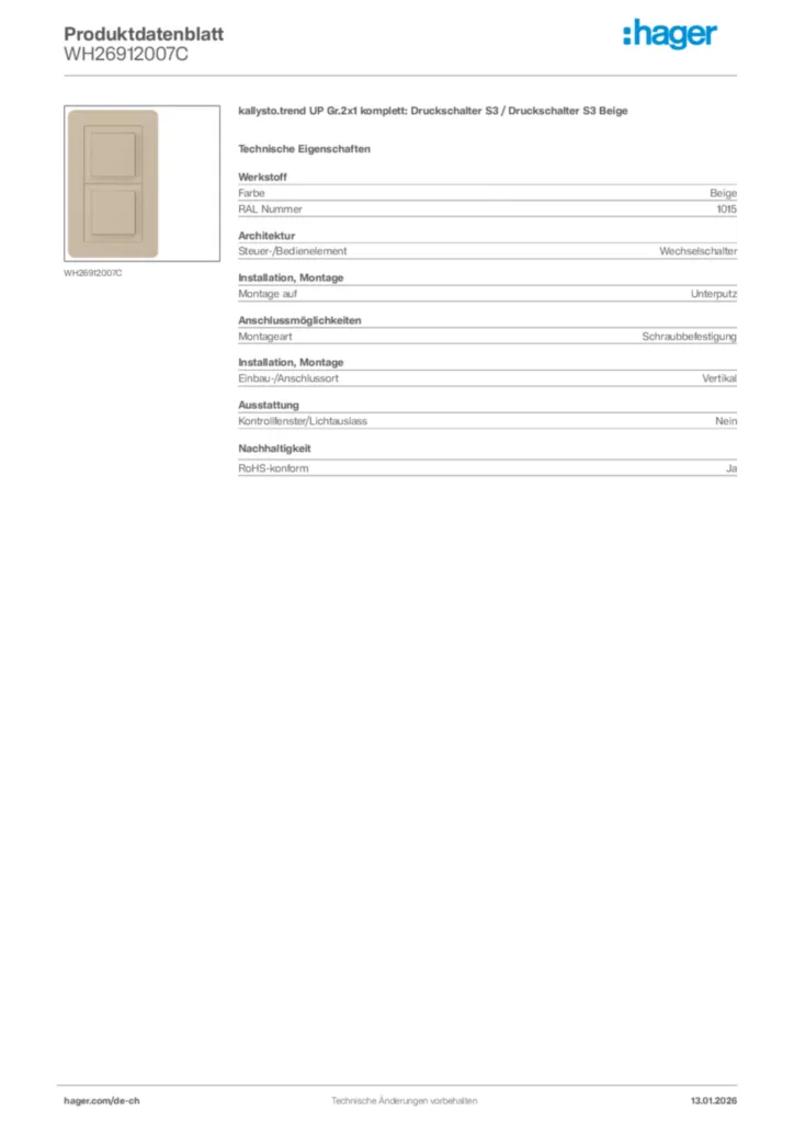 Bild Hager Produktdatenblatt WH26912007C | Hager Schweiz