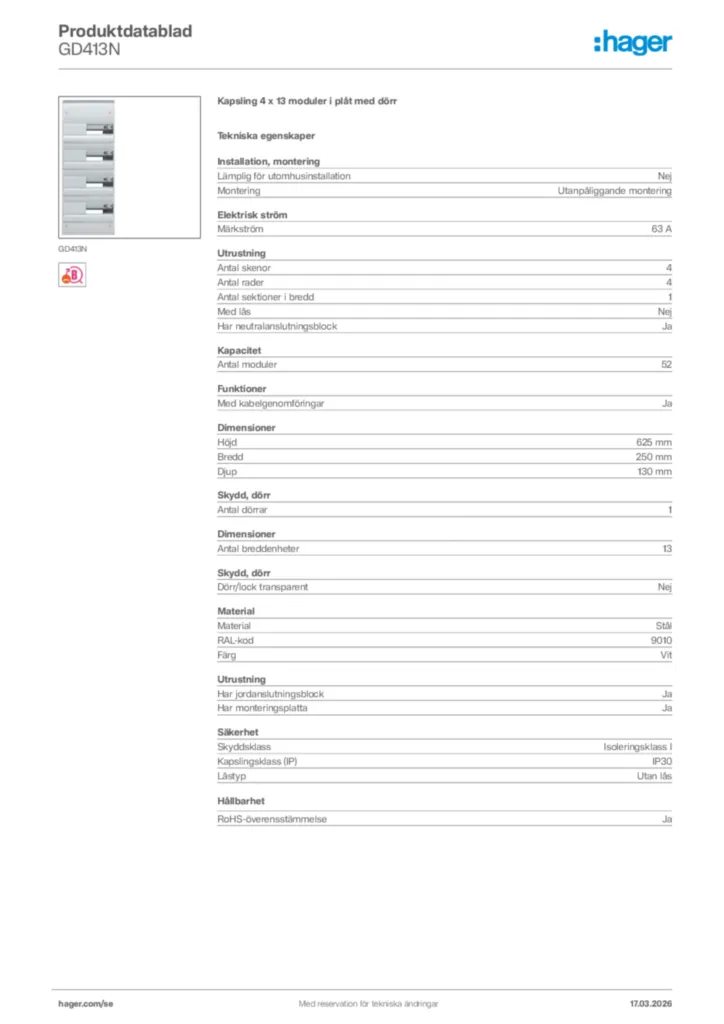 Bild Hager Produktdatablad GD413N | Hager Sverige