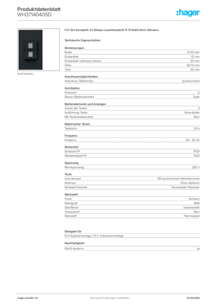 Bild Hager Produktdatenblatt WH37140405D | Hager Schweiz