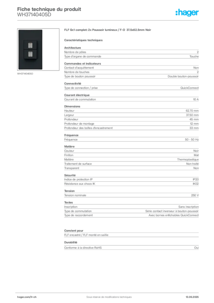 Image Hager Fiche technique du produit WH37140405D | Hager Suisse