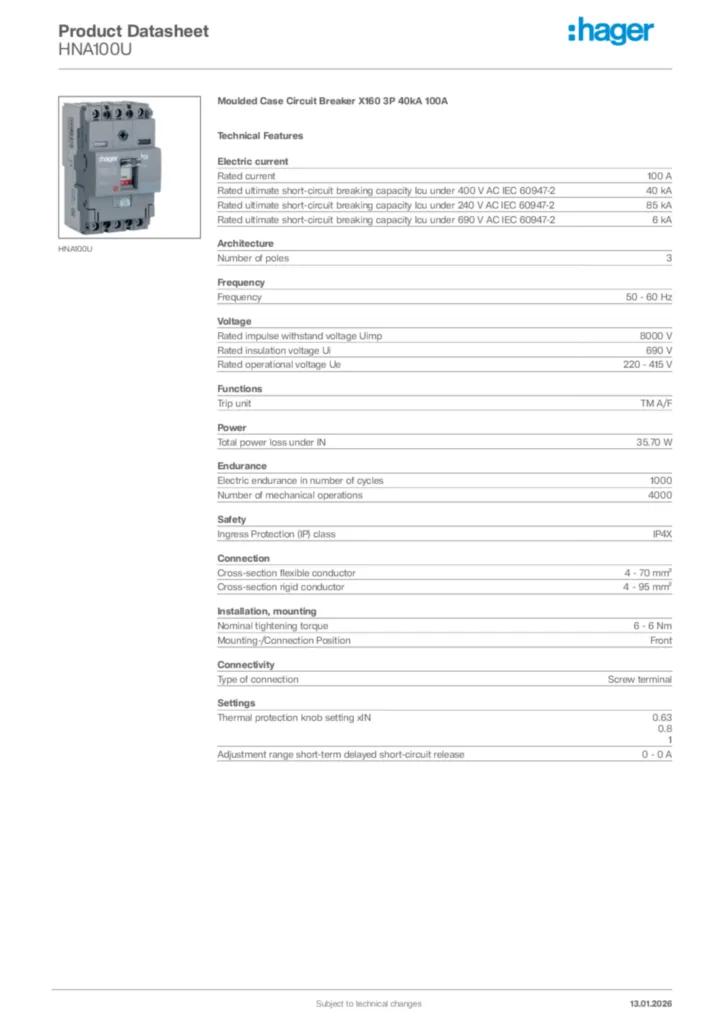 Image Hager Product data sheet HNA100U  | Hager