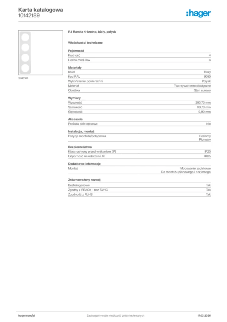 Zdjęcie Hager Karta katalogowa 10142189 | Hager Polska