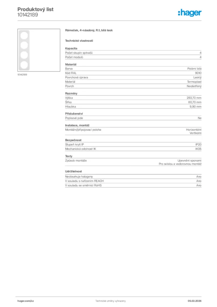 Obrázek Hager Product data sheet 10142189 | Hager
