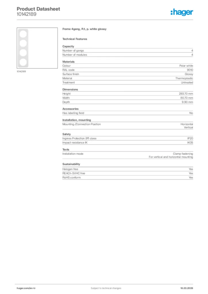 Image Hager Product data sheet 10142189  | Hager