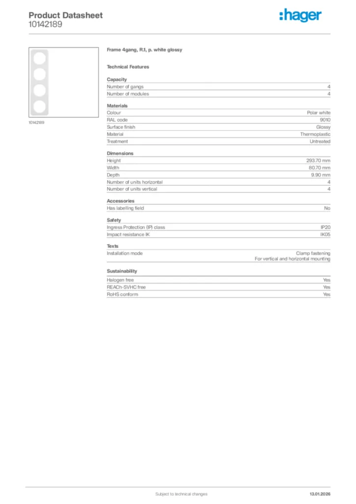 Image Hager Product data sheet 10142189  | Hager