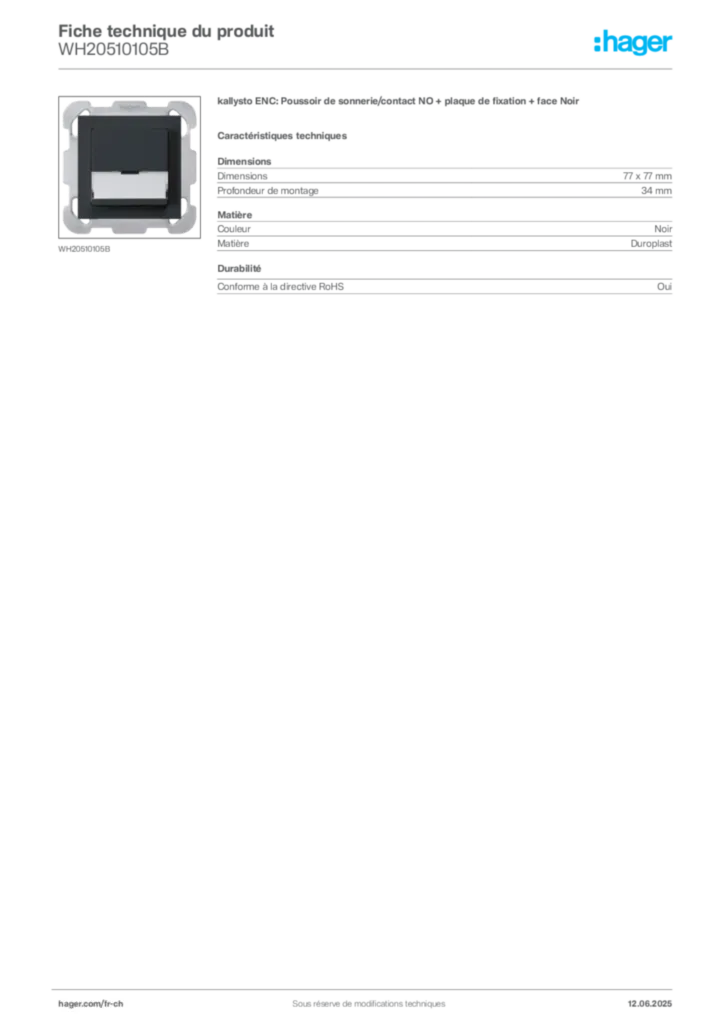 Image Hager Fiche technique du produit WH20510105B | Hager Suisse