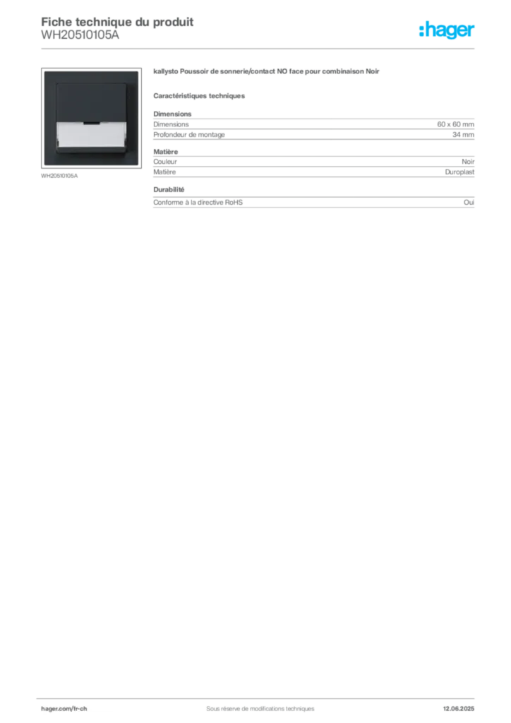 Image Hager Fiche technique du produit WH20510105A | Hager Suisse