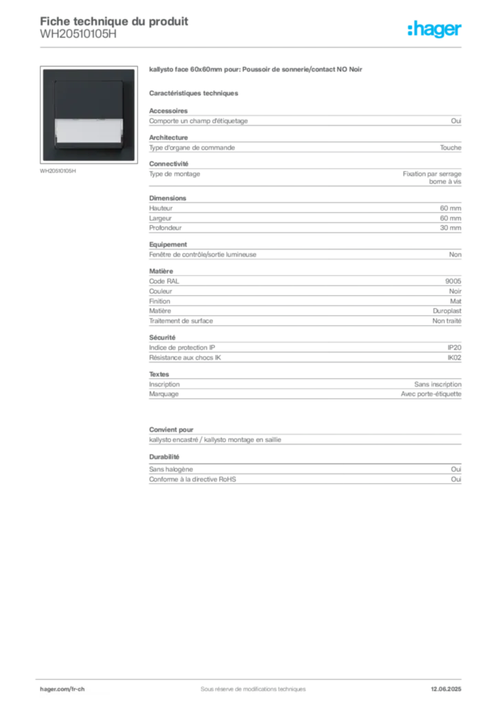 Image Hager Fiche technique du produit WH20510105H | Hager Suisse