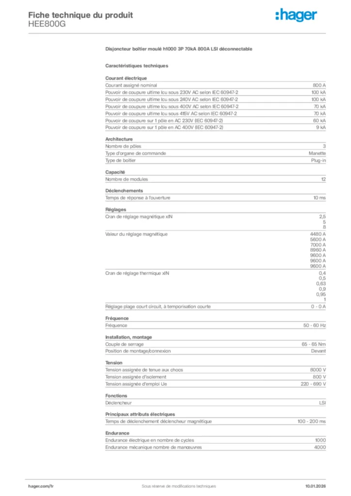 Image Hager Fiche technique du produit HEE800G | Hager France