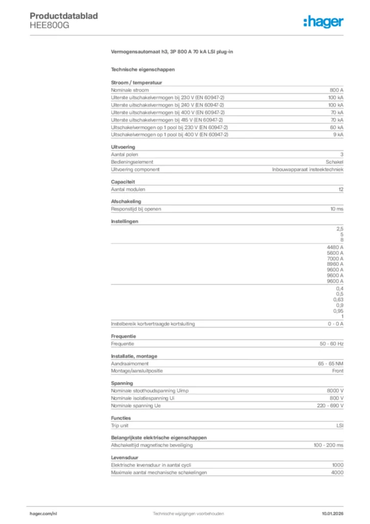 Afbeelding Hager Productdatablad HEE800G | Hager Nederland