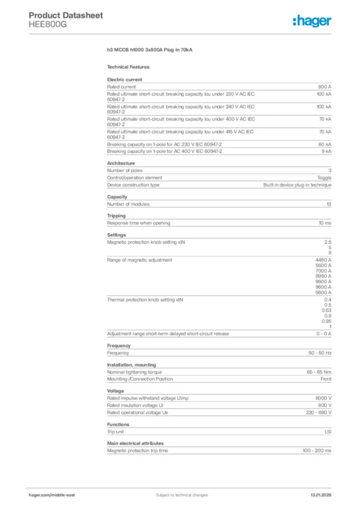 Image Hager Product data sheet HEE800G  | Hager