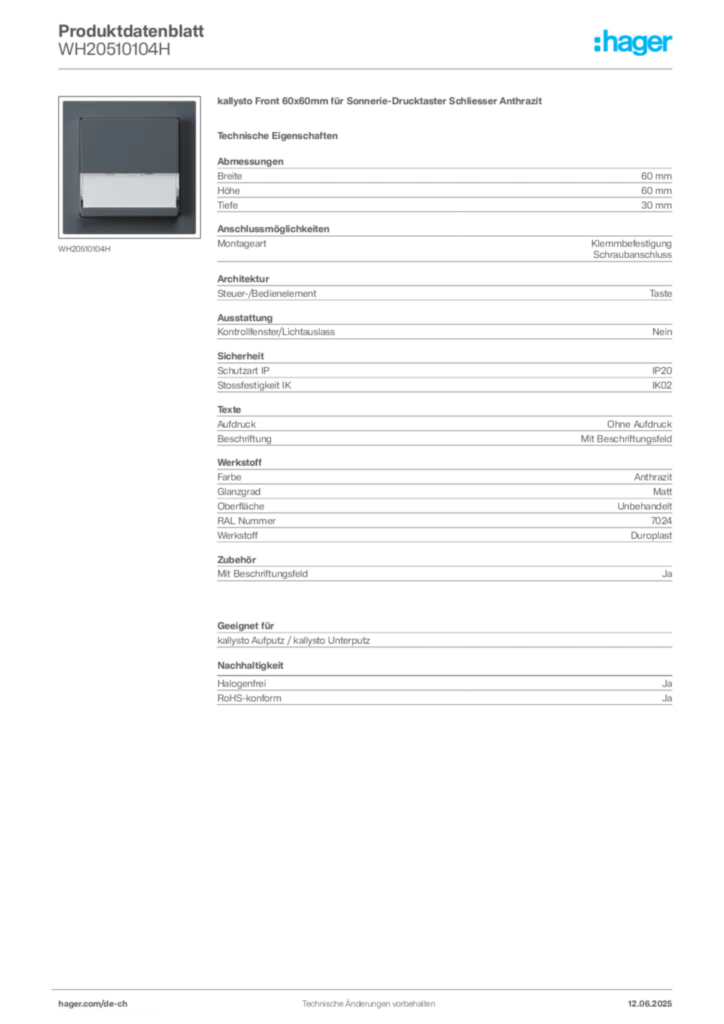 Bild Hager Produktdatenblatt WH20510104H | Hager Schweiz