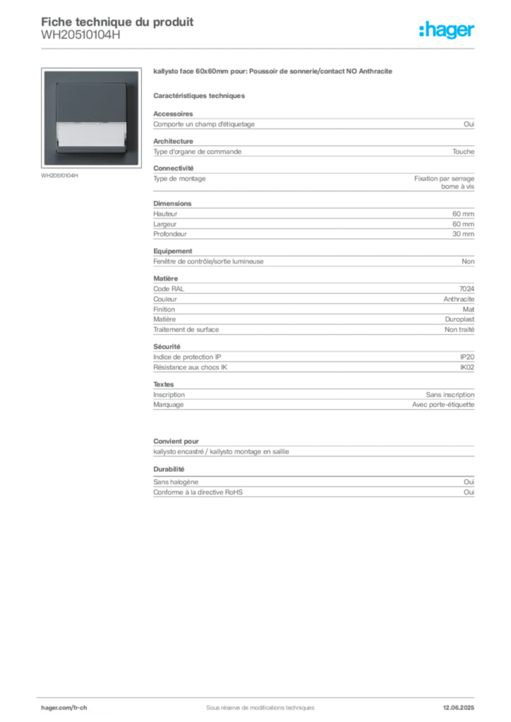 Image Hager Fiche technique du produit WH20510104H | Hager Suisse