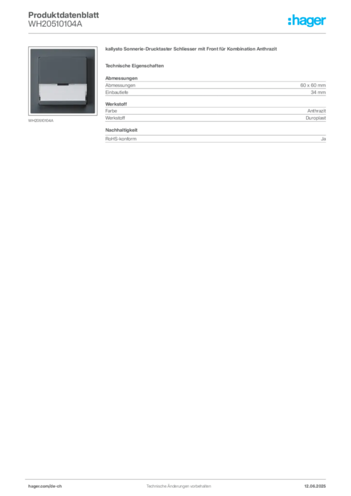Bild Hager Produktdatenblatt WH20510104A | Hager Schweiz