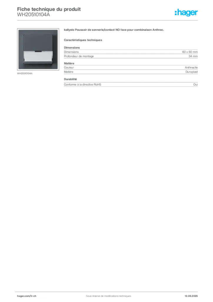 Image Hager Fiche technique du produit WH20510104A | Hager Suisse