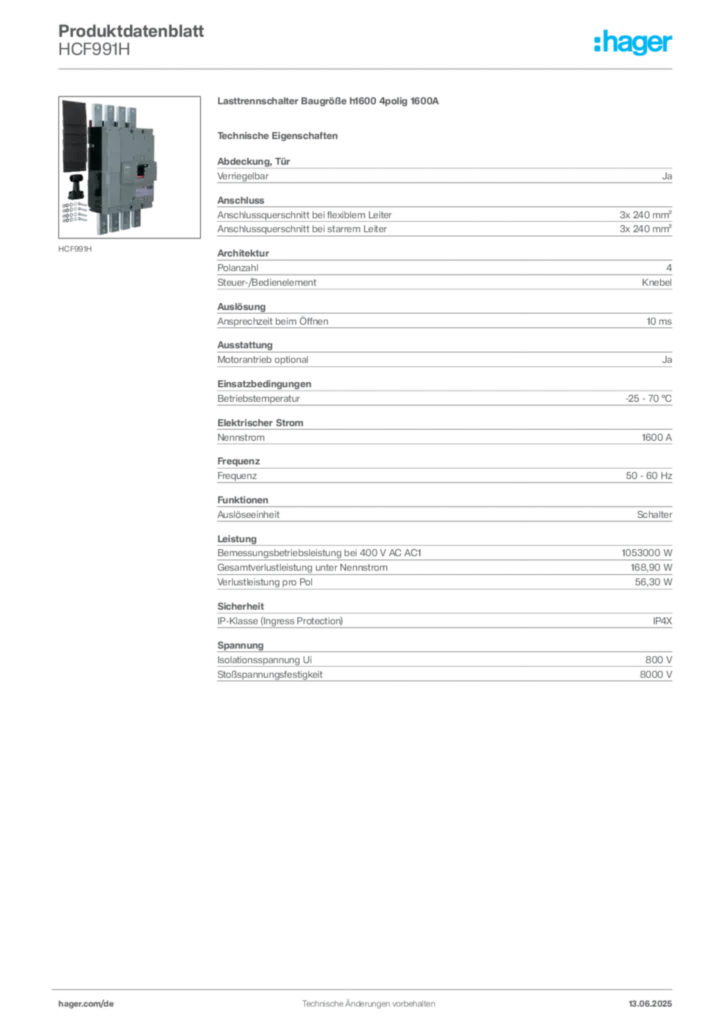 Hager Produktdatenblatt HCF991H