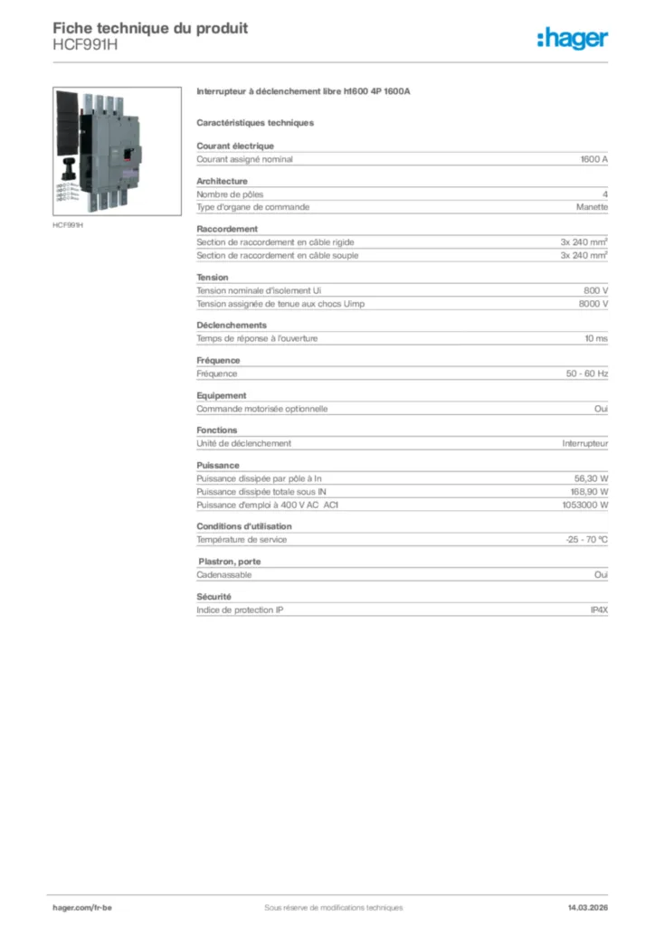 Image Hager Fiche technique du produit HCF991H | Hager Belgique
