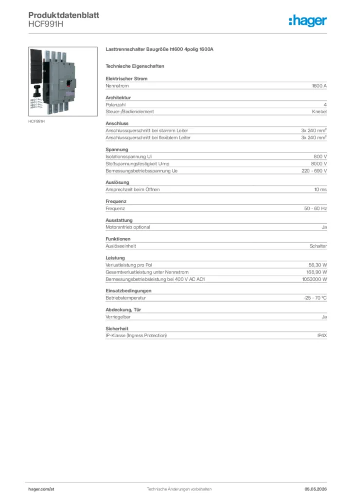 Bild Hager Produktdatenblatt HCF991H | Hager Deutschland