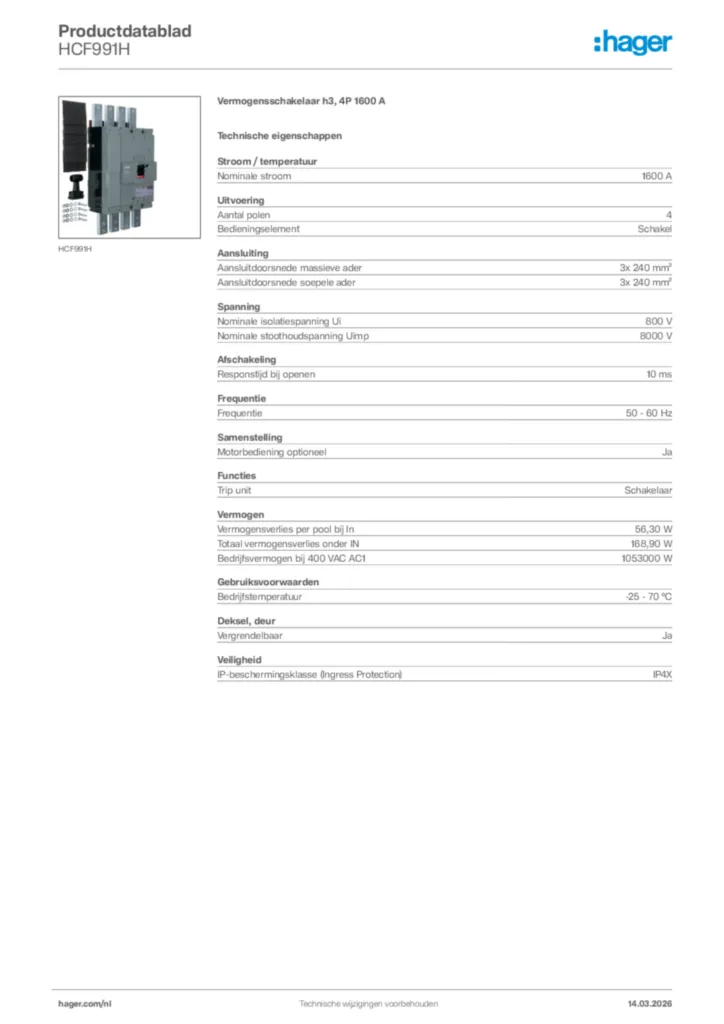 Afbeelding Hager Productdatablad HCF991H | Hager Nederland