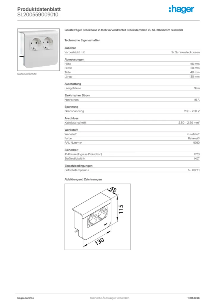 Bild Hager Produktdatenblatt SL200559009010 | Hager Deutschland