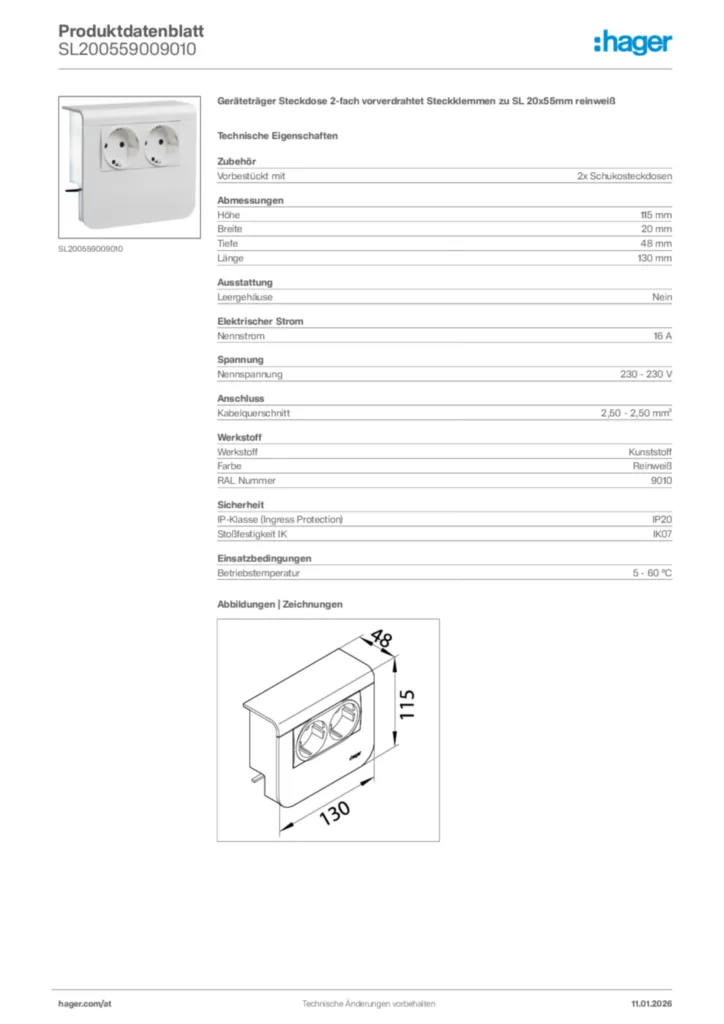 Bild Hager Produktdatenblatt SL200559009010 | Hager Deutschland
