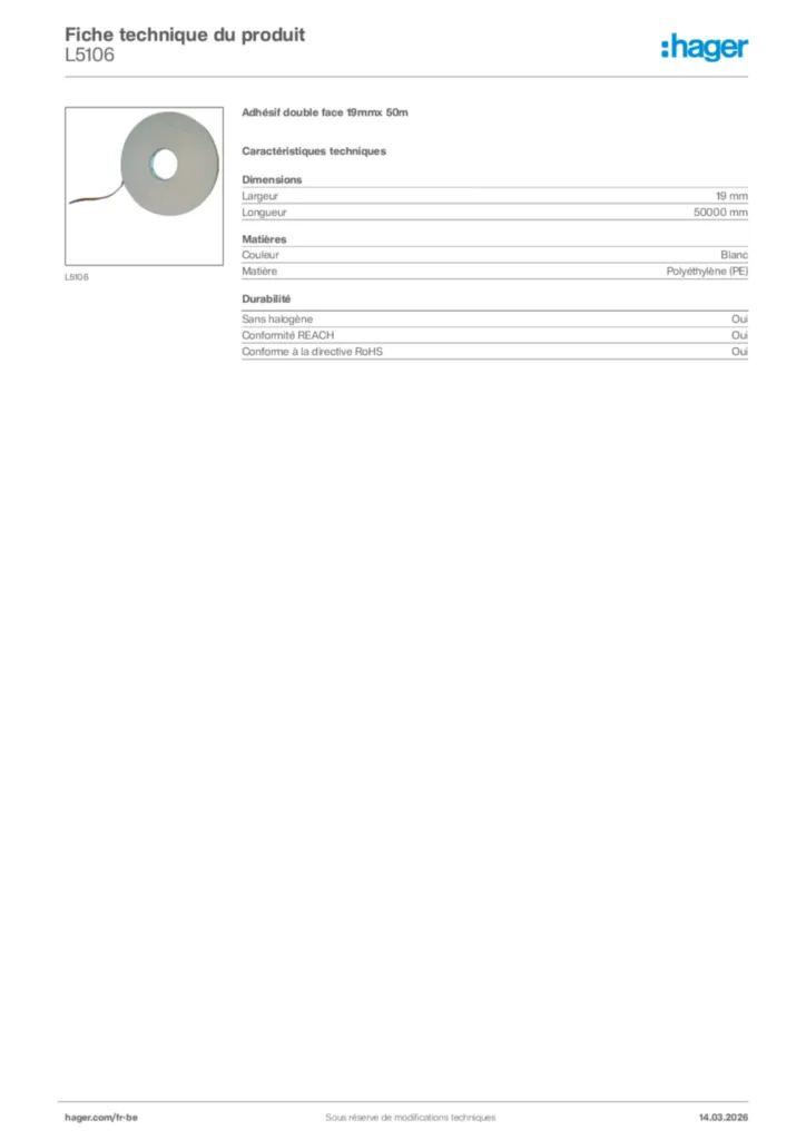 Image Hager Fiche technique du produit L5106 | Hager Belgique