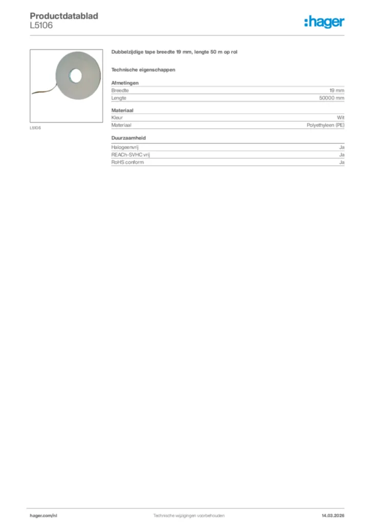 Afbeelding Hager Productdatablad L5106 | Hager Nederland