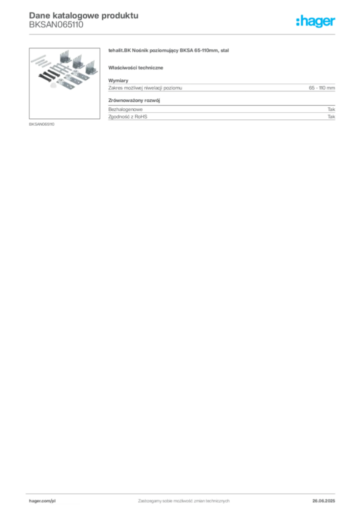 Zdjęcie Hager Dane katalogowe produktu BKSAN065110 | Hager Polska