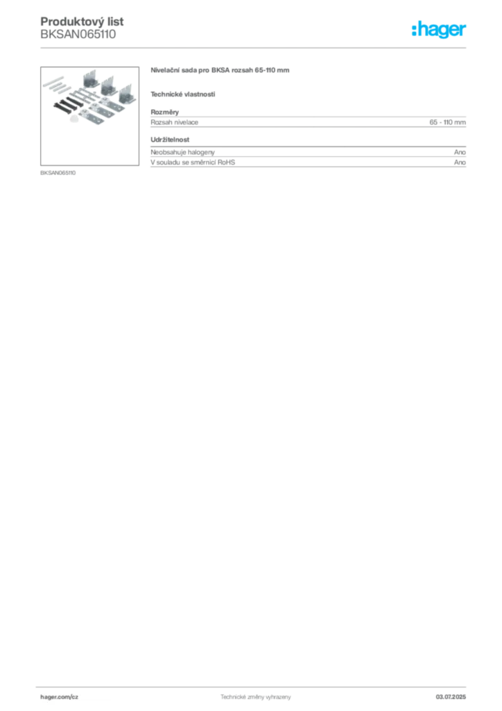 Obrázek Hager Produktový list BKSAN065110 | Hager