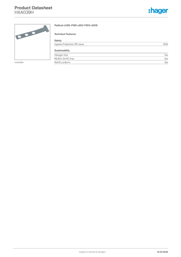 Image Hager Product data sheet HXA039H  | Hager Africa