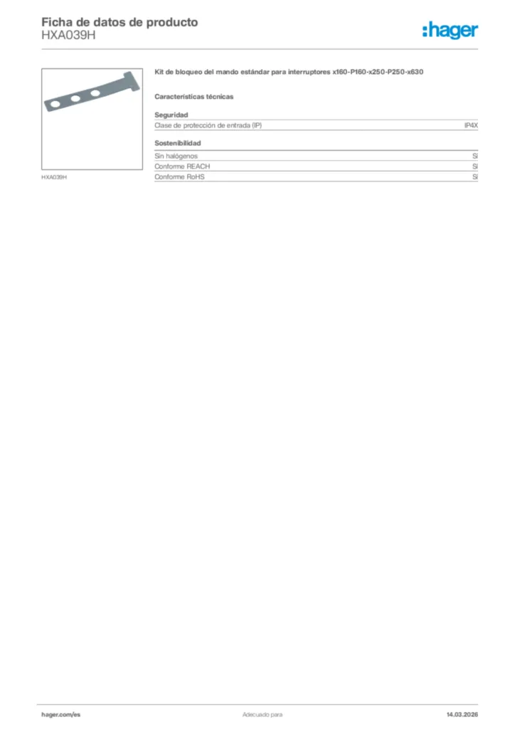 Imagen Hager Ficha de datos de producto HXA039H | Hager España