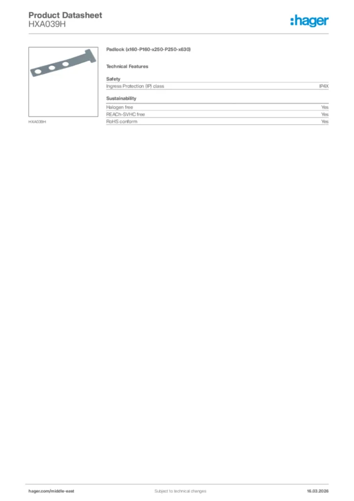 Image Hager Product data sheet HXA039H  | Hager