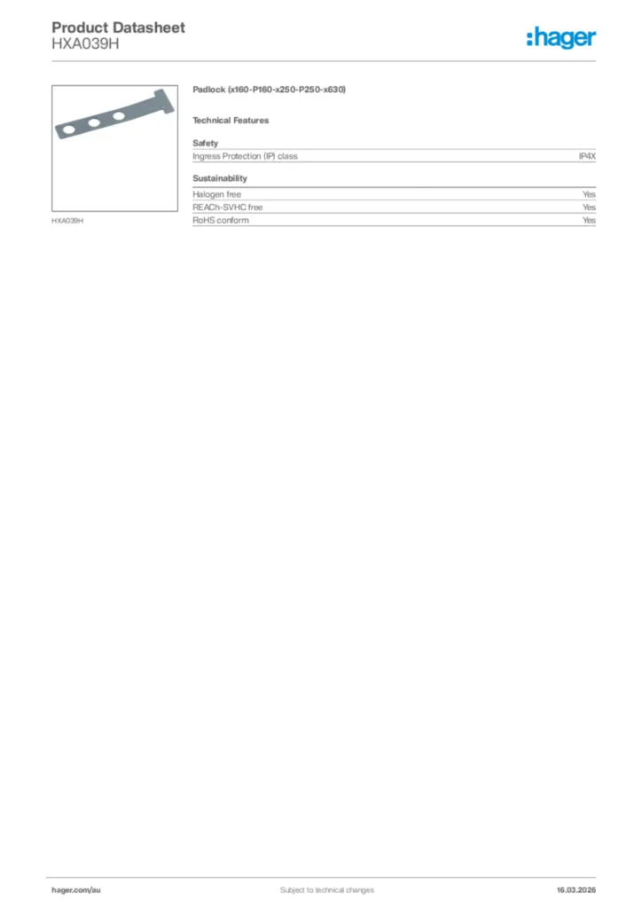 Image Hager Product data sheet HXA039H  | Hager Australia