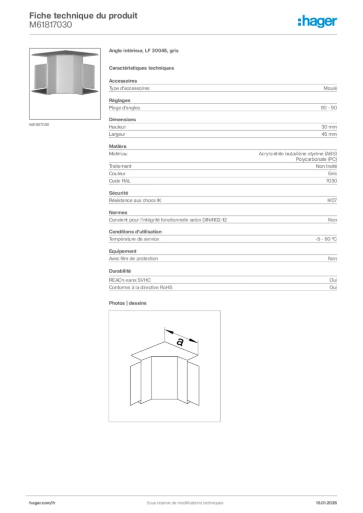 Image Hager Fiche technique du produit M61817030 | Hager France