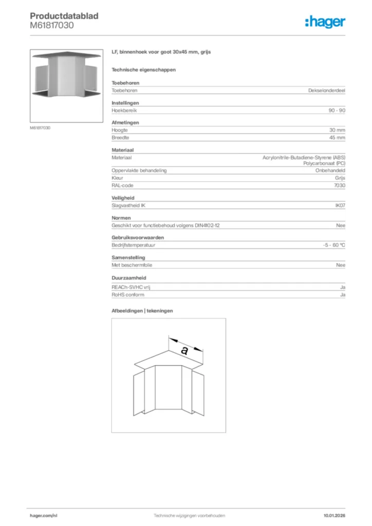 Afbeelding Hager Productdatablad M61817030 | Hager Nederland