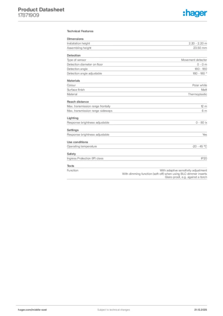 Image Hager Product data sheet 17871909  | Hager